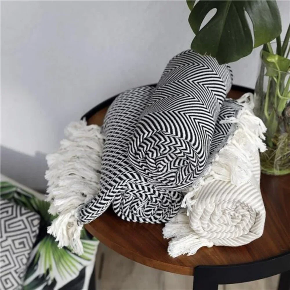 NEW West Elm Boho Black & White Turkish Cotton Throw Blanket Bedding - 60